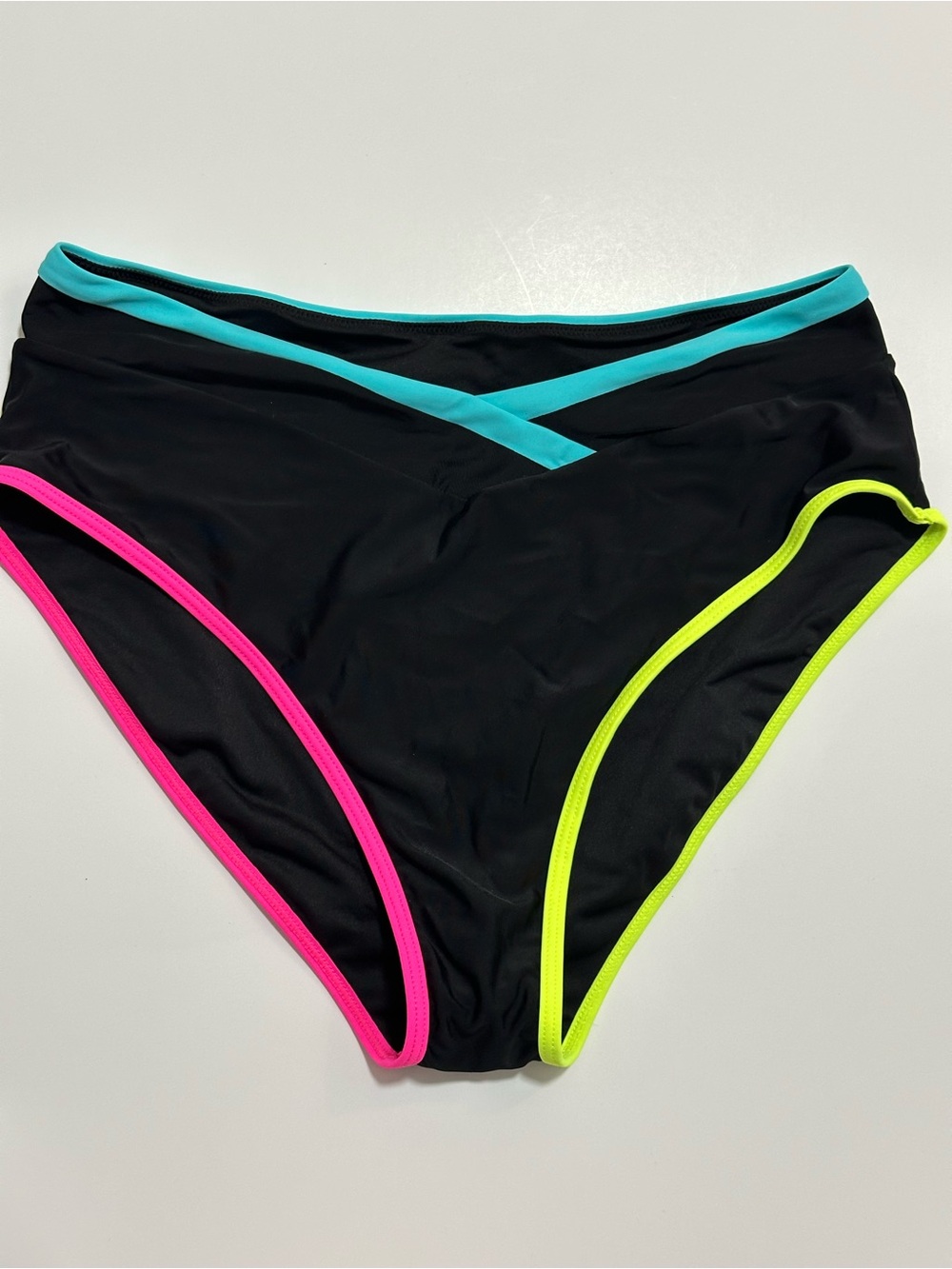 High-Waist Black Swim Bottom with Neon Trim